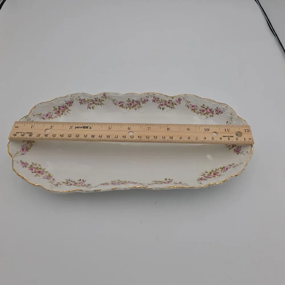 Antique Austria Karlsbad Porcelain Serving Tray Pink Roses Gold Gilt 12x6
